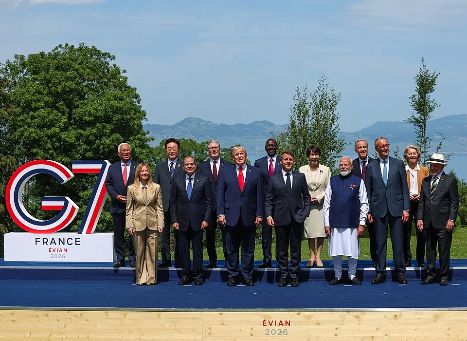 G7 leaders pose for the official family photo at the Evian 2026 summit in France