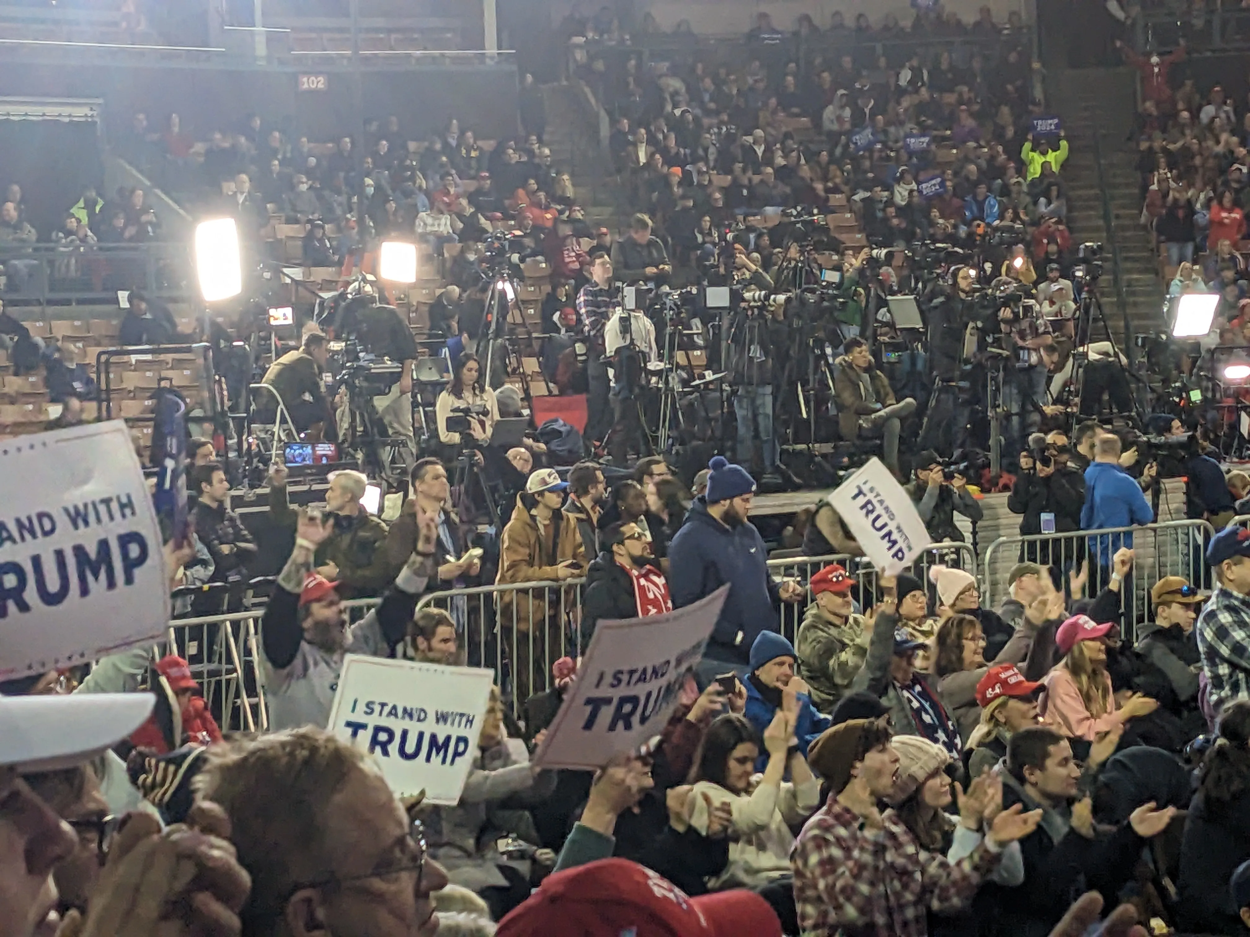 Donald Trump speaking at a campaign rally at the SNHU Arena in Manchester, New Hampshire, in January 2024