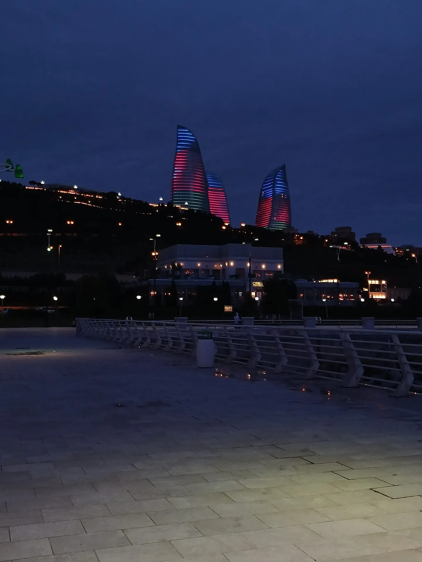 Baku's Flame Towers illuminated at night