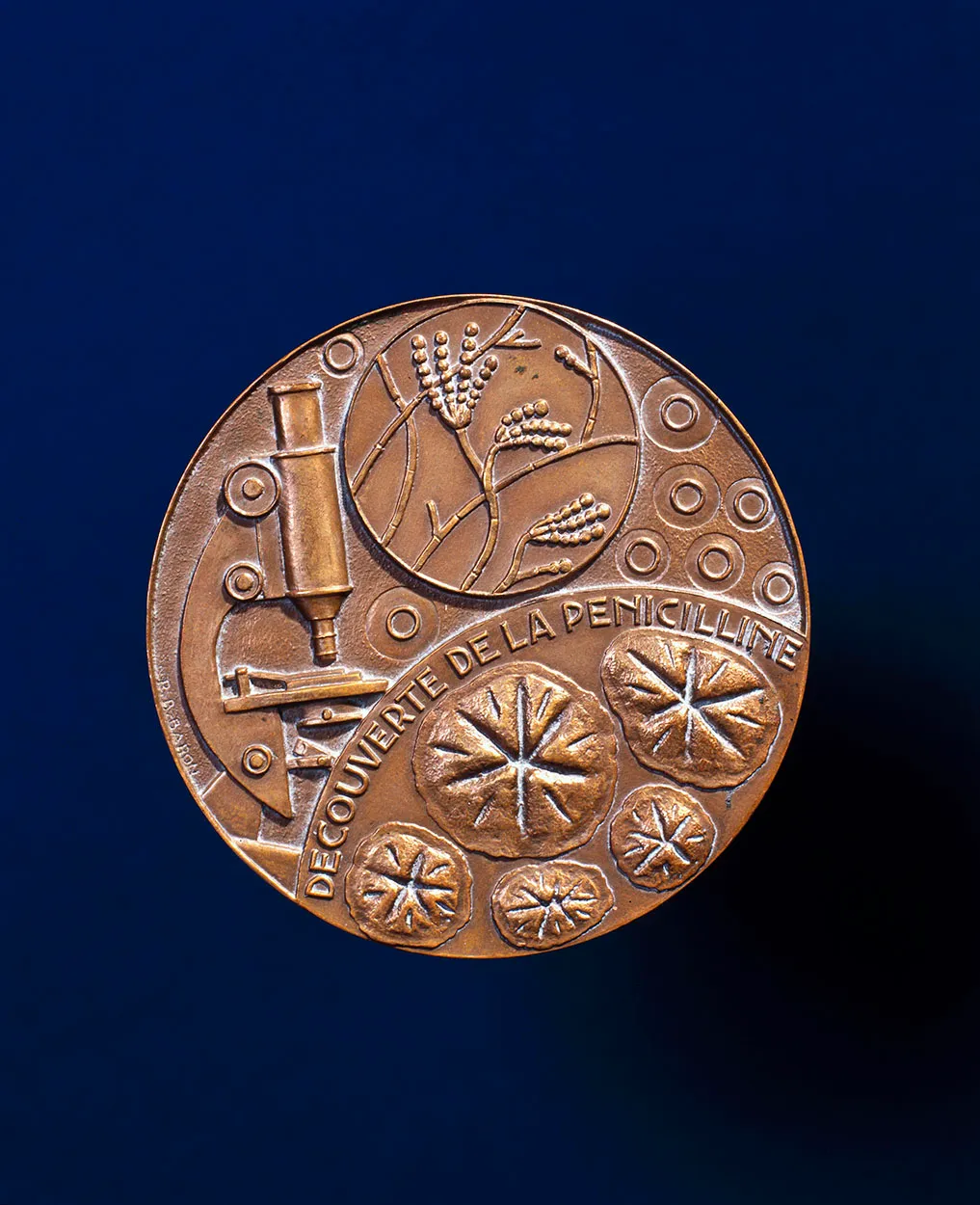 Nobel Prize medal awarded to Alexander Fleming in 1945, displayed in a museum case