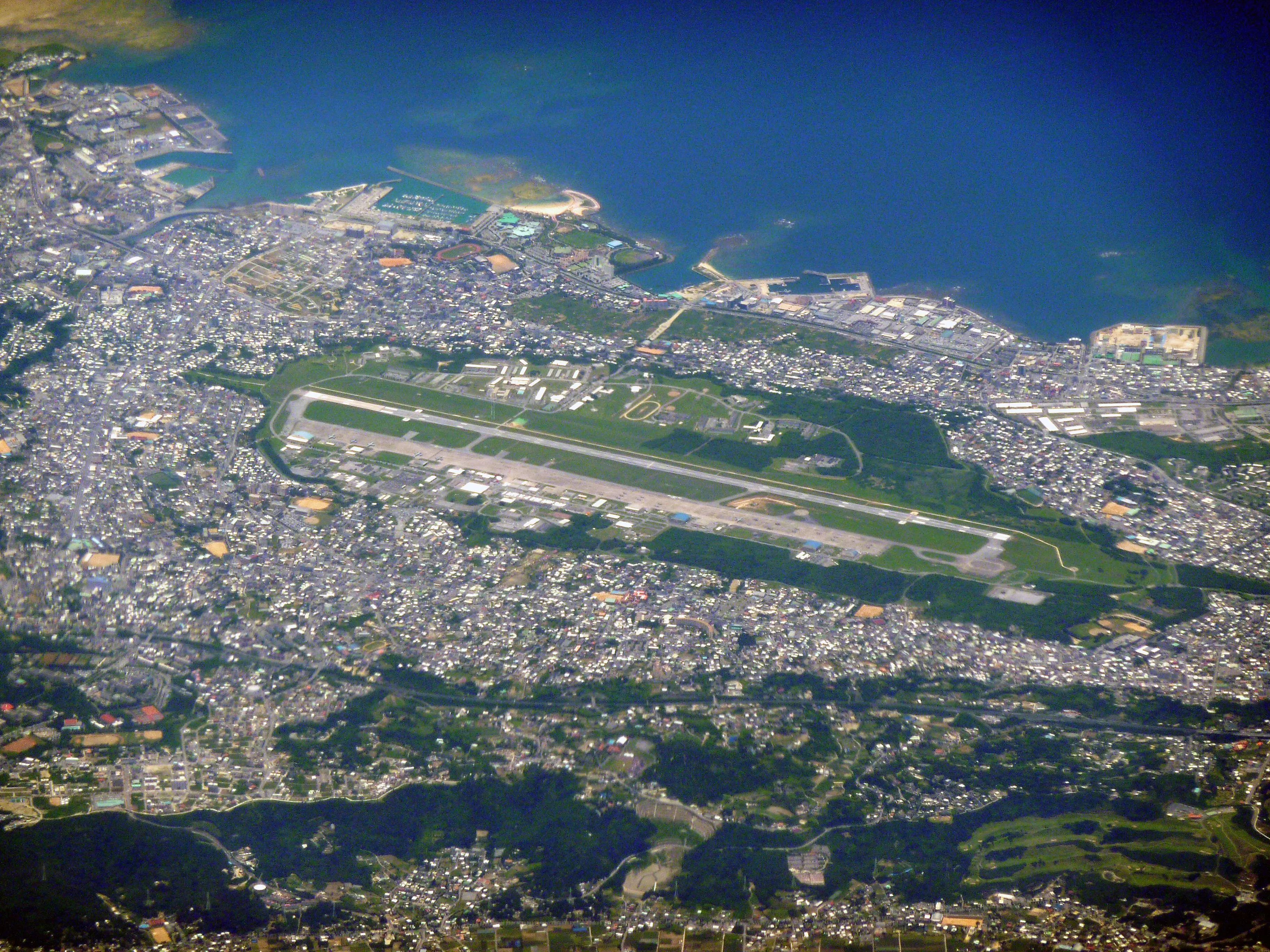 Aerial view of Marine Corps Air Station Futenma in Ginowan, Okinawa, Japan
