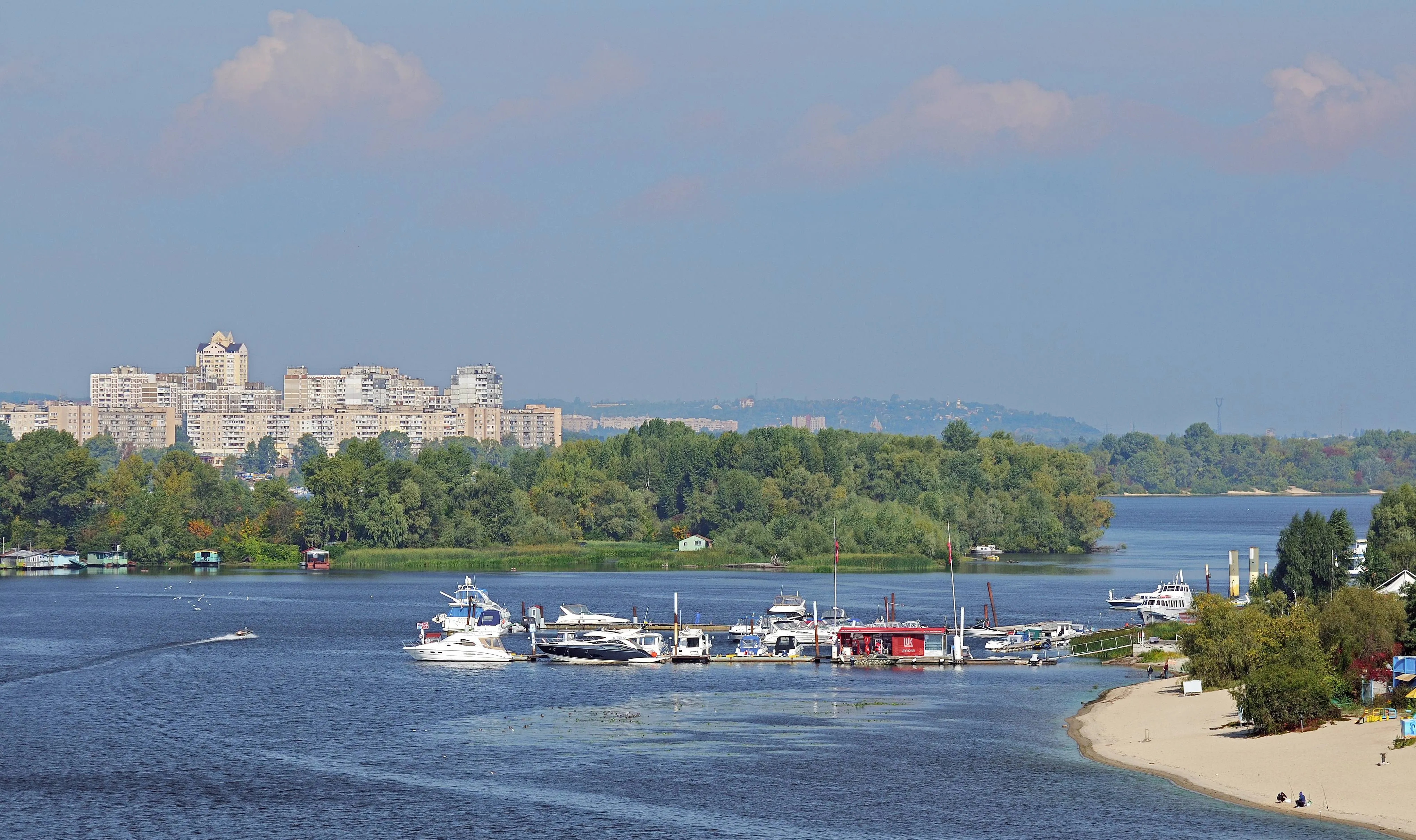 View of the Dnipro River from Kyiv's Pivnichnyi (North) Bridge, one of the crossings hit by Russian drones